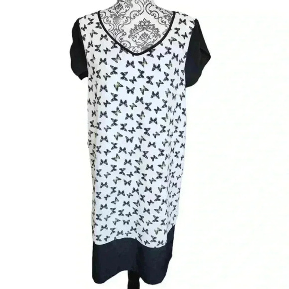 Sisley Dress Butterfly Print  Black White Multi-colour Shift Dress Women's Large - Picture 2 of 11